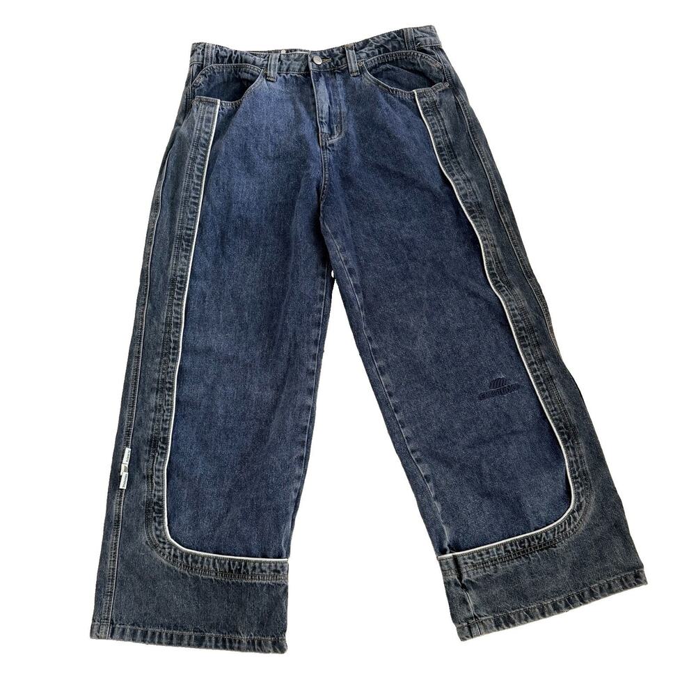 EME Studios Dual Dark Blue Pants Jeans Wide Leg Contrast Logo 42 (36 x 29)